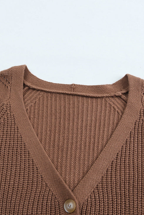 Bishop Sleeve V-Neck Drop Shoulder Button Front Knit Cardigan Sweater